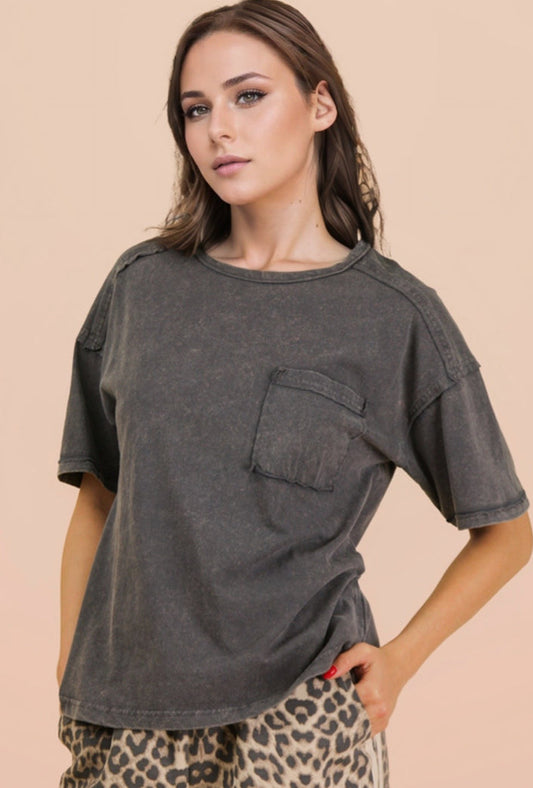 Charcoal Mineral Wash Pocket Top