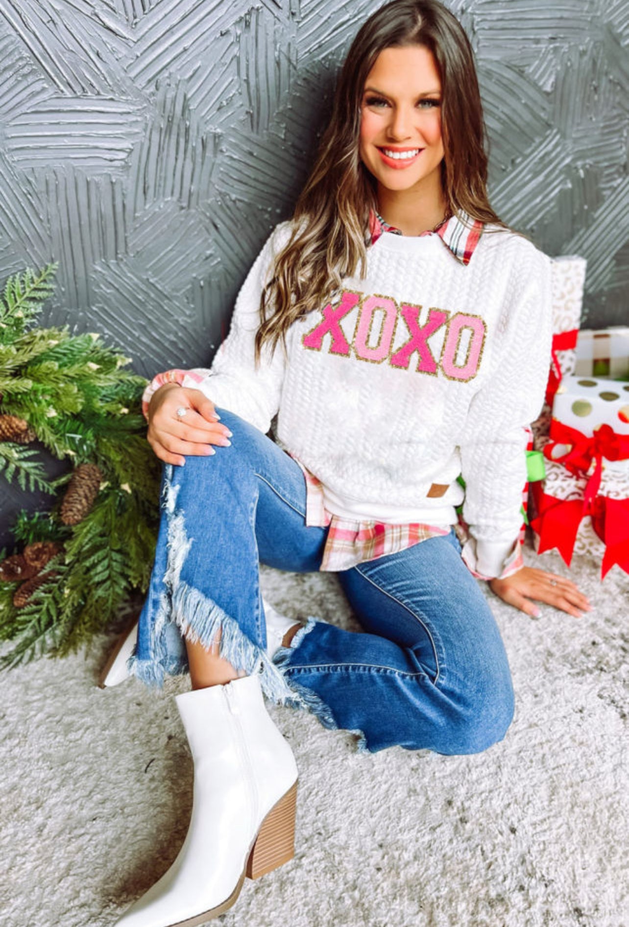 White XOXO Glitter Chenille Cable Knit Sweatshirt
