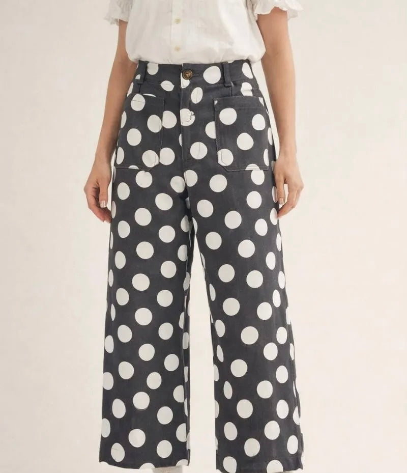 Jodifl-High waist wide let polka dot pants with pockets.