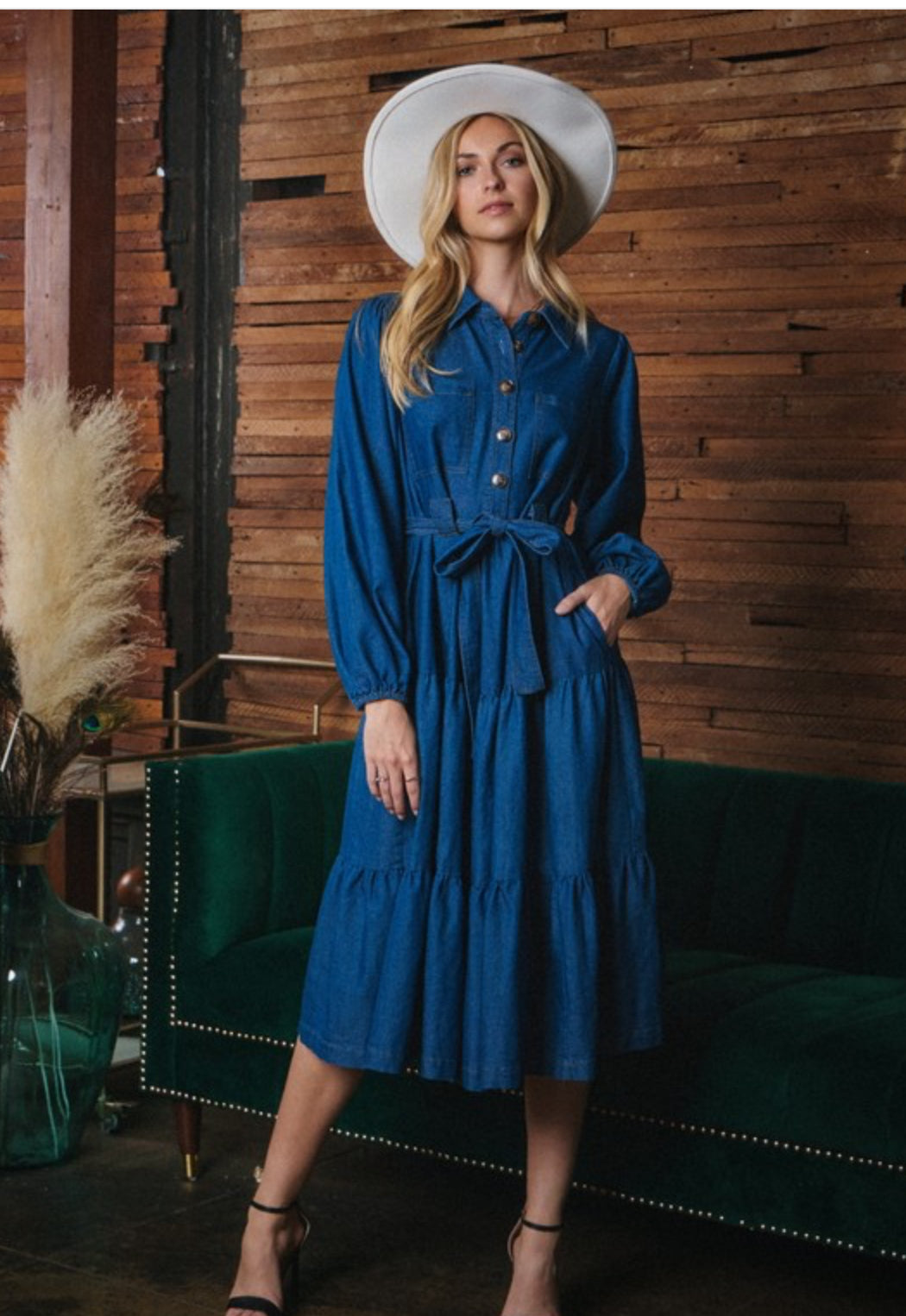 Washed Denim Tiered Midi Dress