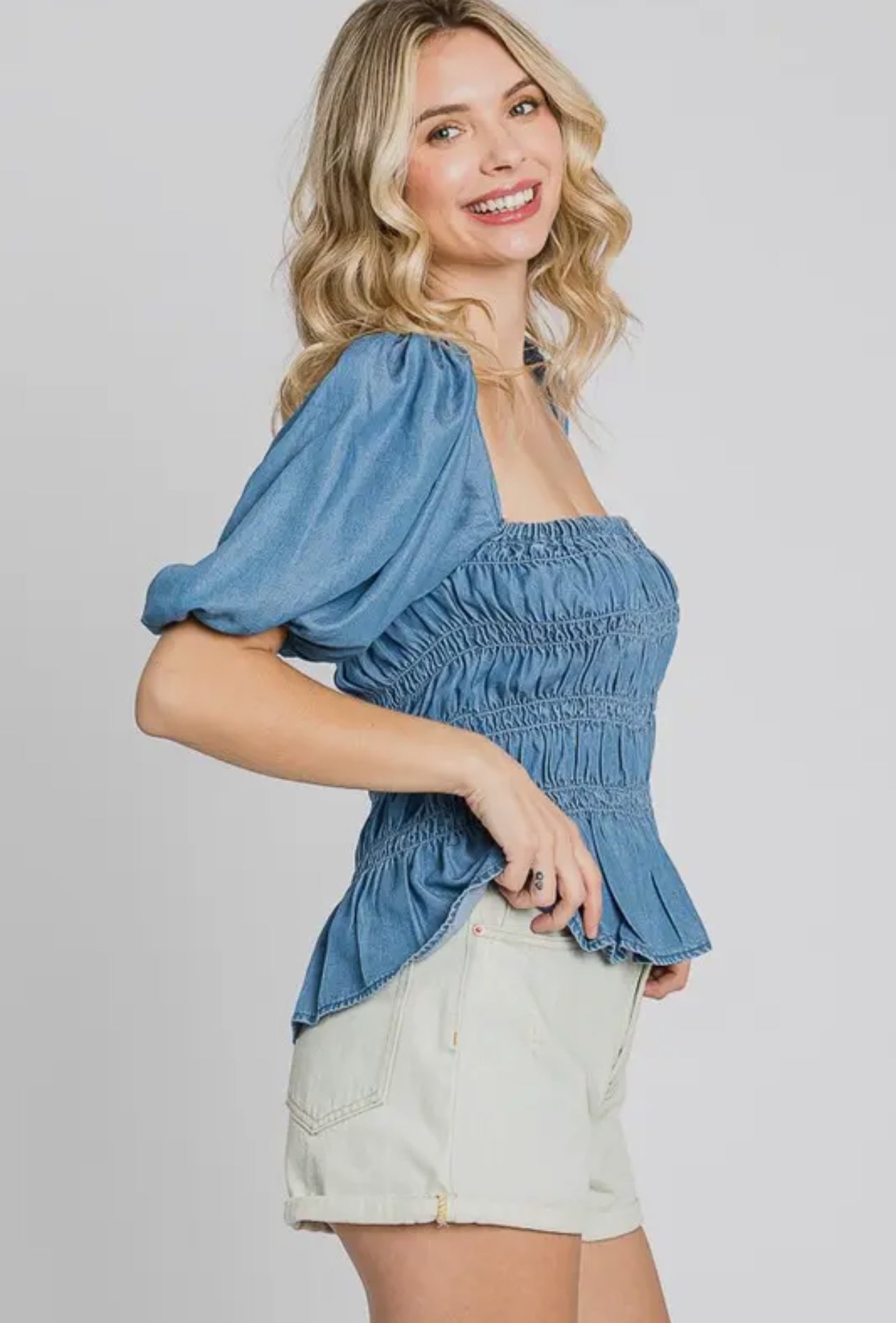 Denim Smocked Top