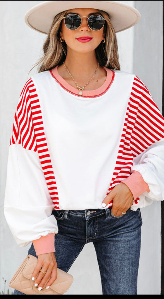 Red Striped Colorblock Oversized Sweatshirt