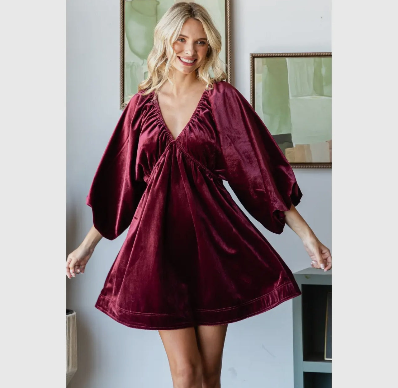Velvetpuff Sleeve V Neck Dress