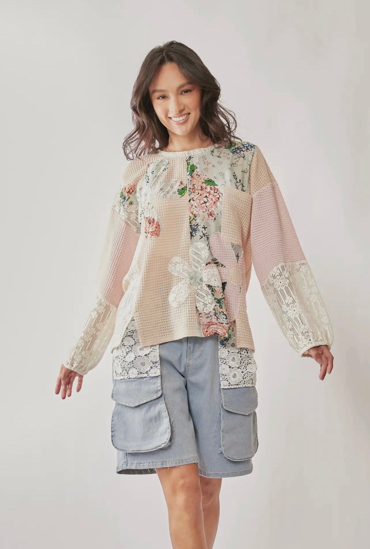 Lace Floral Mix Long Sleeved Top