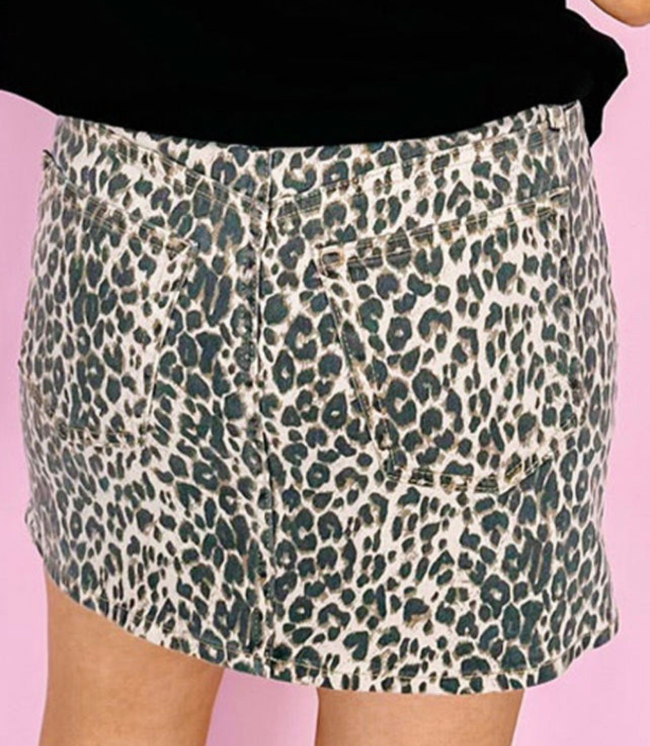 Khaki Denim Leopard Skirt