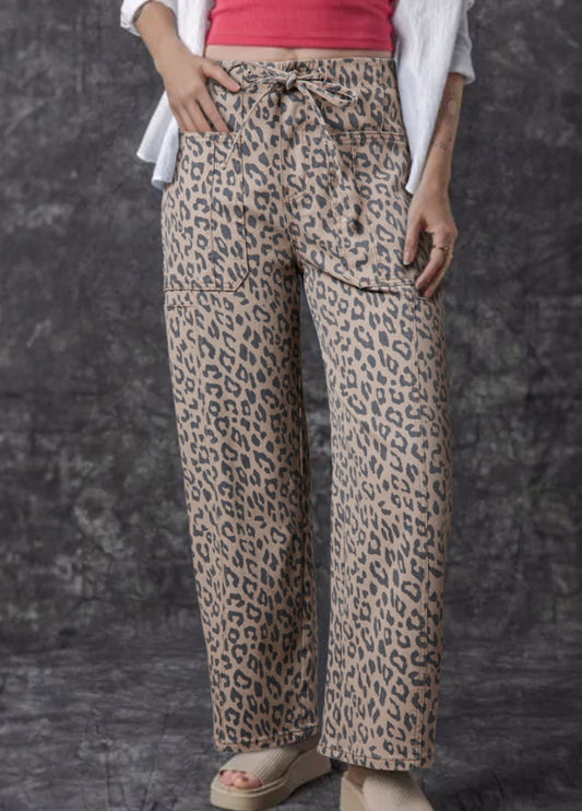 Khaki Leopard Print Wide Leg Jeans