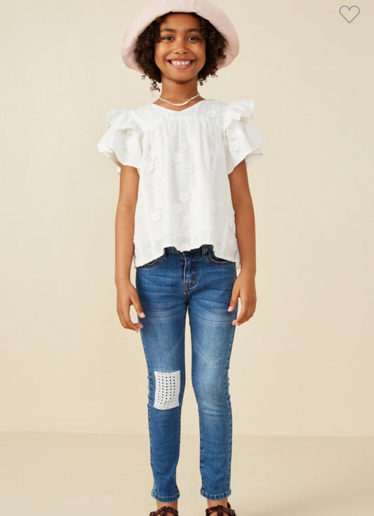Girls Crochet Floral Ruffle Sleeve Top