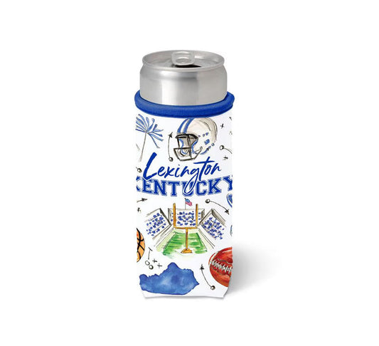 A white can cooler sleeve featuring a blue and white watercolor design of the Lexington Kentucky football helmet and stadium, shown on a silver can against a white background.