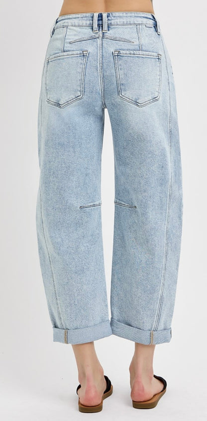 Risen-HIGH RISE CROP BARREL CUFFED JEANS