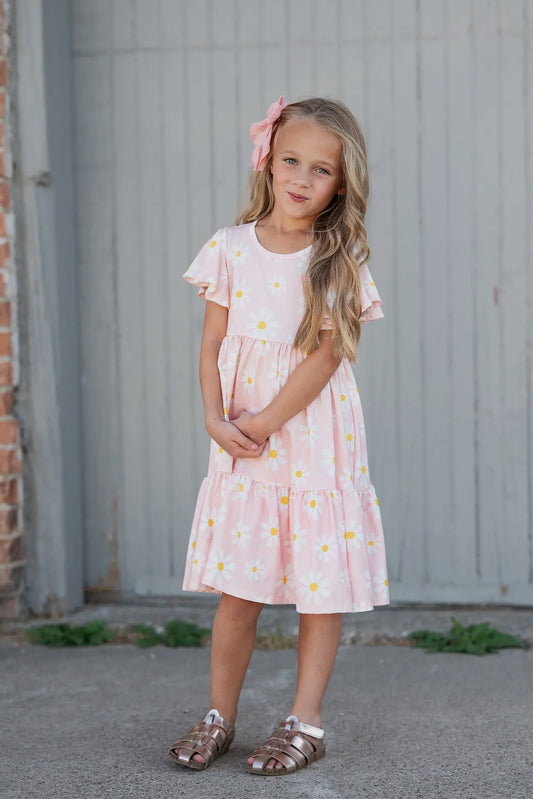 Girls Emma Pink Spring Daisy Flutter Sleeve Twirl Dress