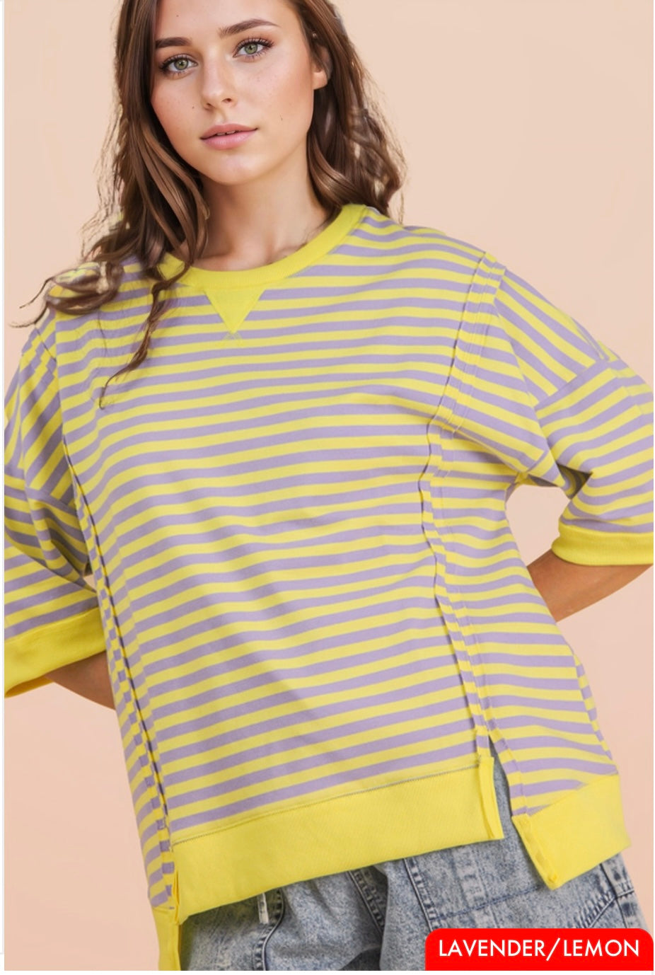 Striped oversized casual knit top with matching lounge shorts.