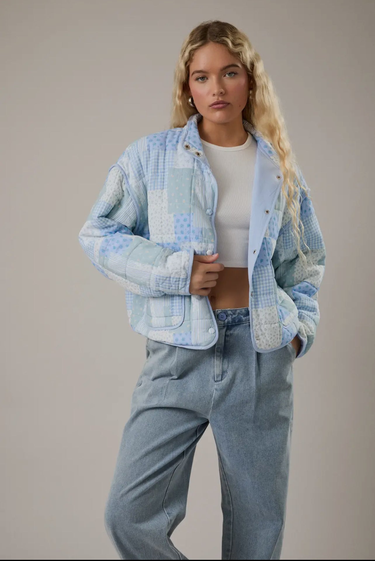 Drop Shoulder High Collared Patchwork Quilted Jacket