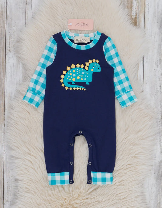 Navy & Teal Brontosaurus Plaid Romper