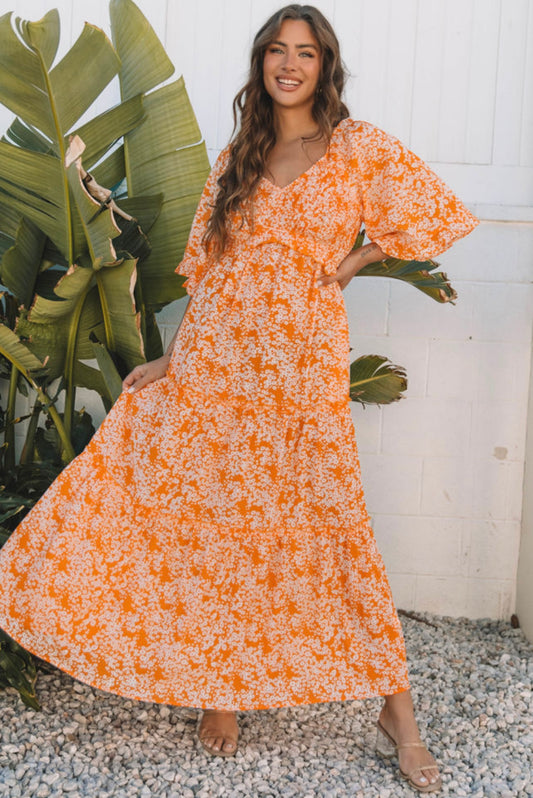 Orange Floral Smocked V Neck Dress