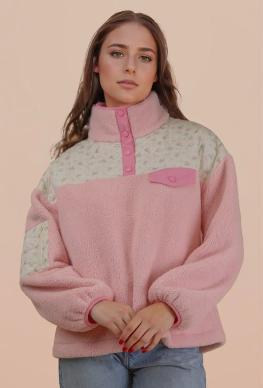 Floral Quilted Contrast Detail Fleece Casual Top