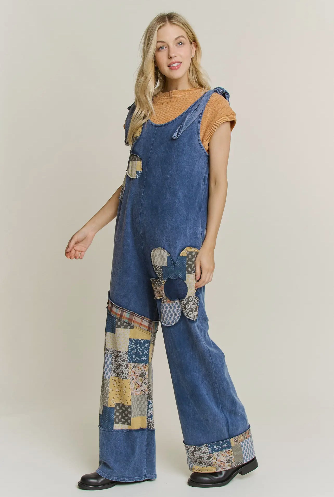 Mineral Washed Daisy Patchwork Jumpsuit
