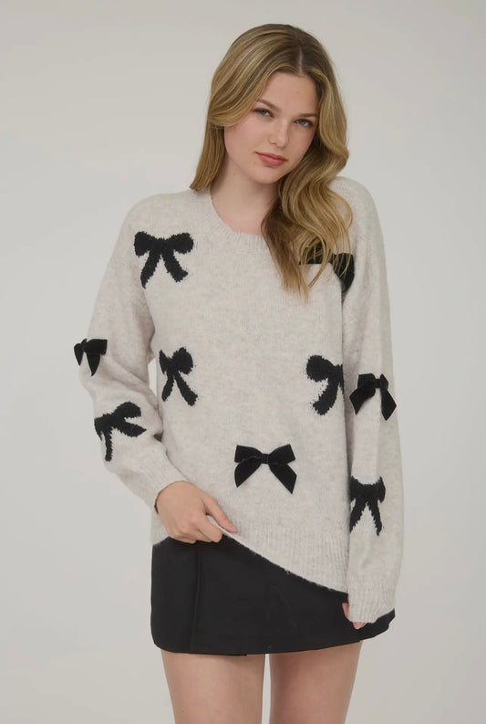 Bow Pattern Long Sleeve Knit Sweater