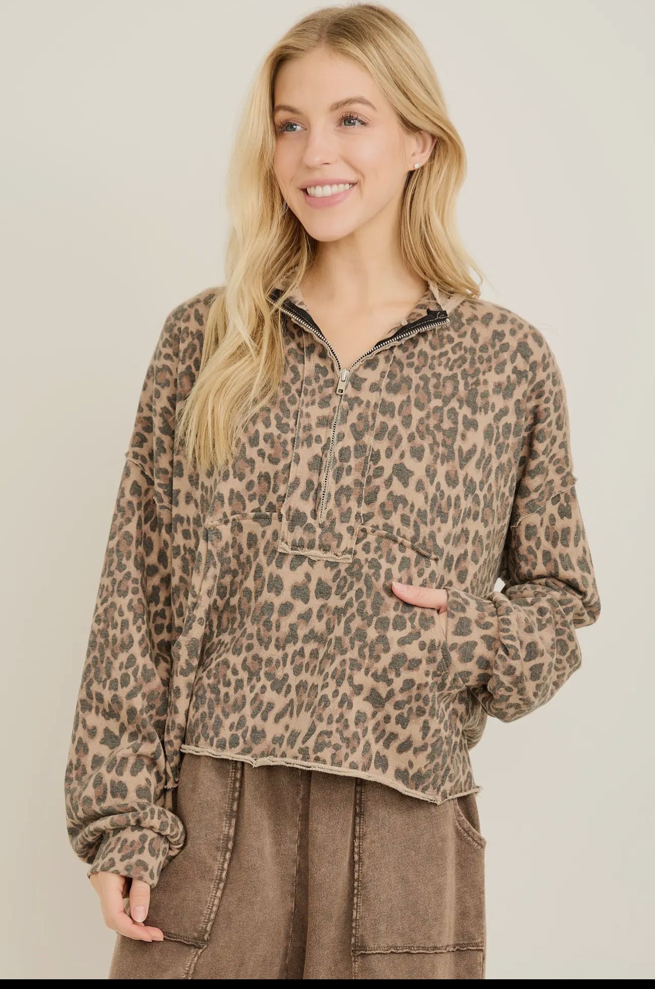 Washed Leopard Cheetah 1/2 Zip Sweatshirt