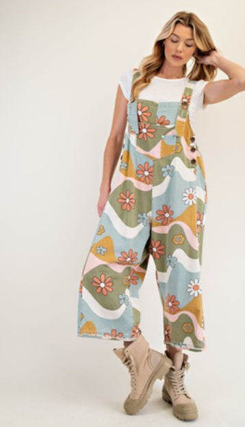 Easel Flower Print Overalls