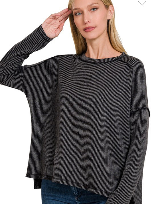Ribbed Boat Neck Long Sleeved Top