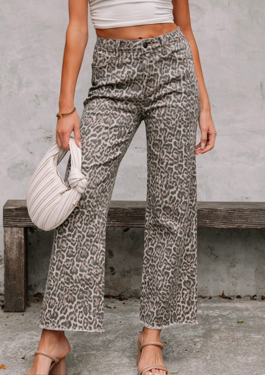 Brown Leopard Frayed Wide Leg Pants