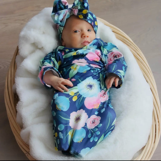 Navy Flower Baby Gown Set