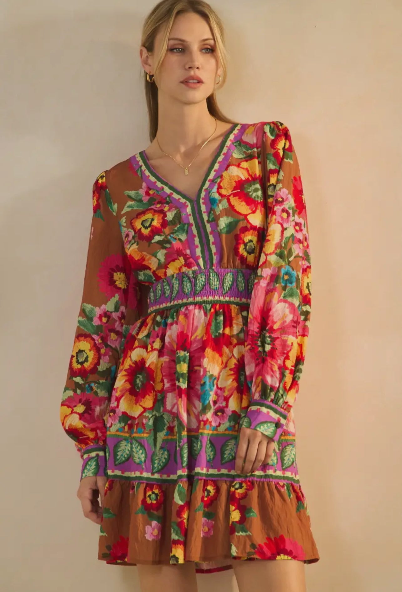 Floral Border Printed Mini Dress