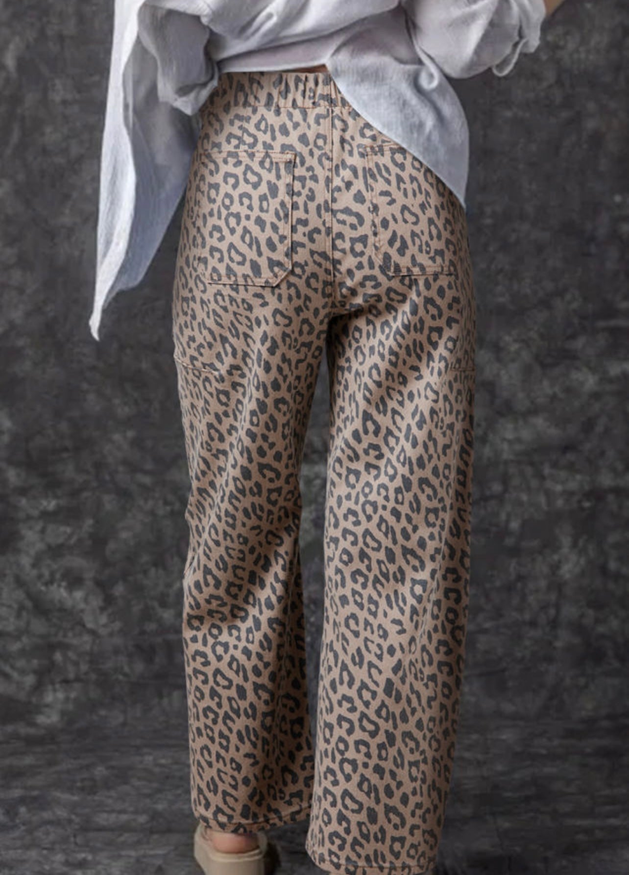 Khaki Leopard Print Wide Leg Jeans