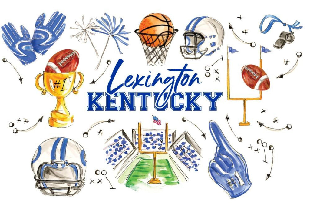Watercolor-style Lexington Kentucky sports graphic with blue and white football helmets, a gold trophy, a basketball in a net, a football, a goalpost, pom-pom graphics, and the text 'Lexington Kentucky' on a white background.