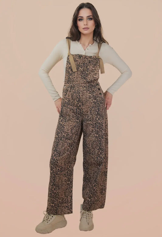 Leopard Print & Denim Barrel Leg Overall