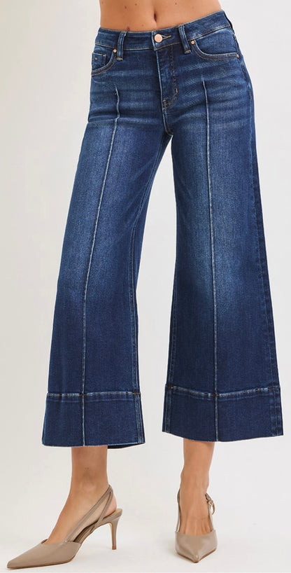Risen-TUMMY CONTROL MID RISE CROP WIDE PINTUCK FRONT JEANS