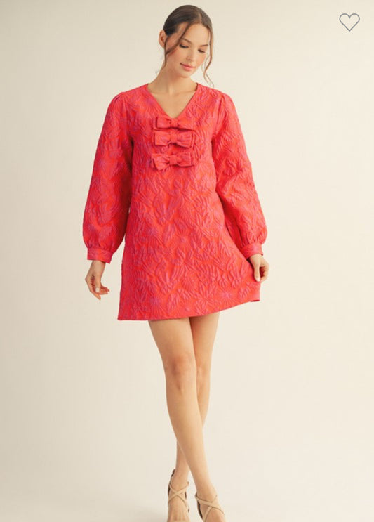 Floral Bow Accent Jacquard Dress