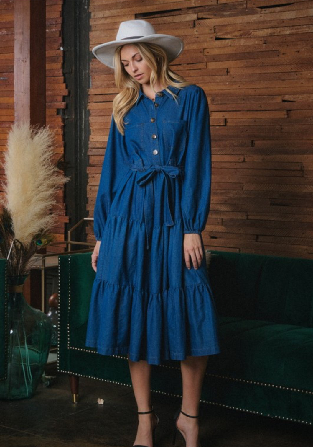 Washed Denim Tiered Midi Dress