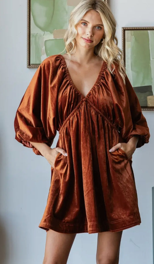 Velvetpuff Sleeve V Neck Dress