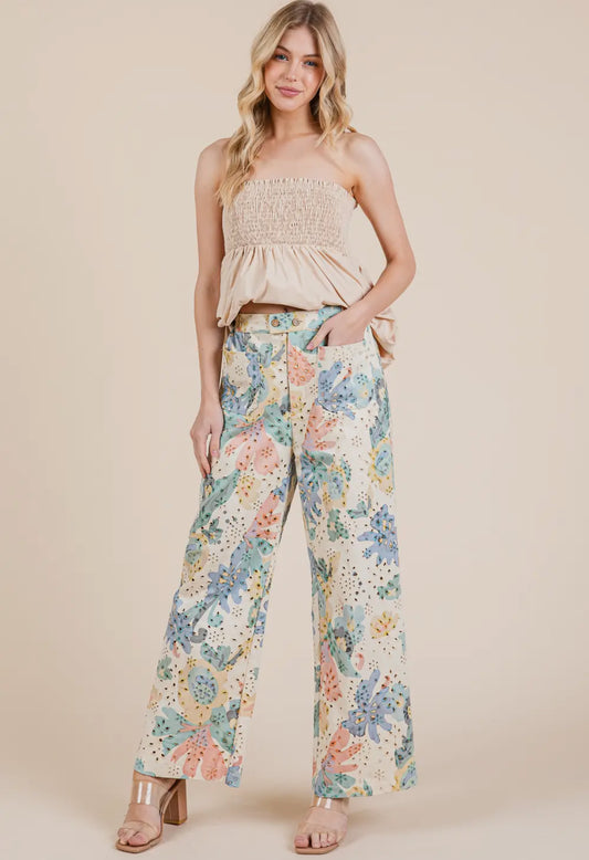 Floral Eyelet Straight Leg Pants