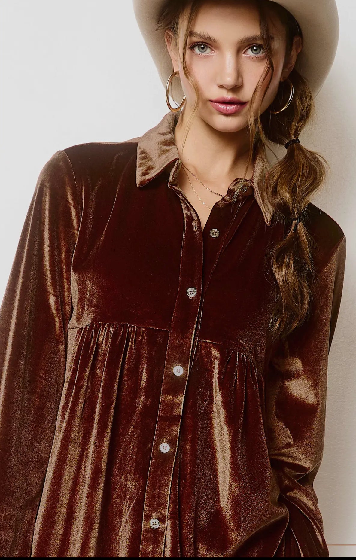 Soft Velvety Button Down Collar Dress