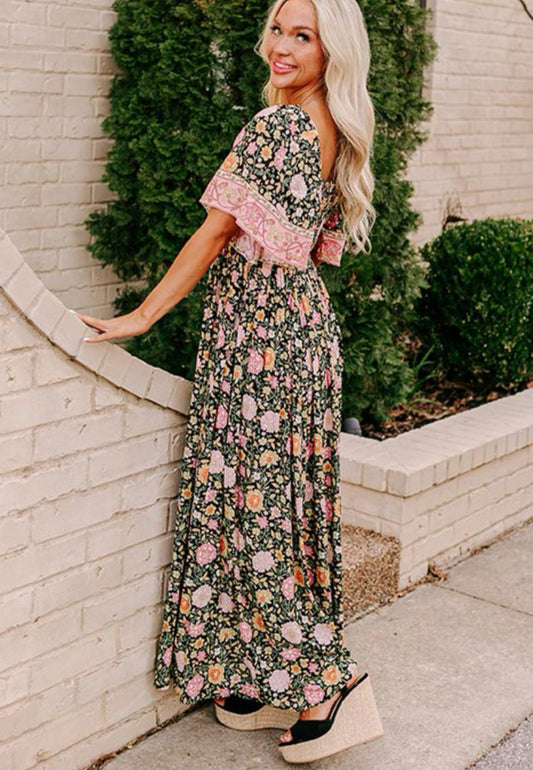 Black Boho Floral Patchwork Maxi Dress