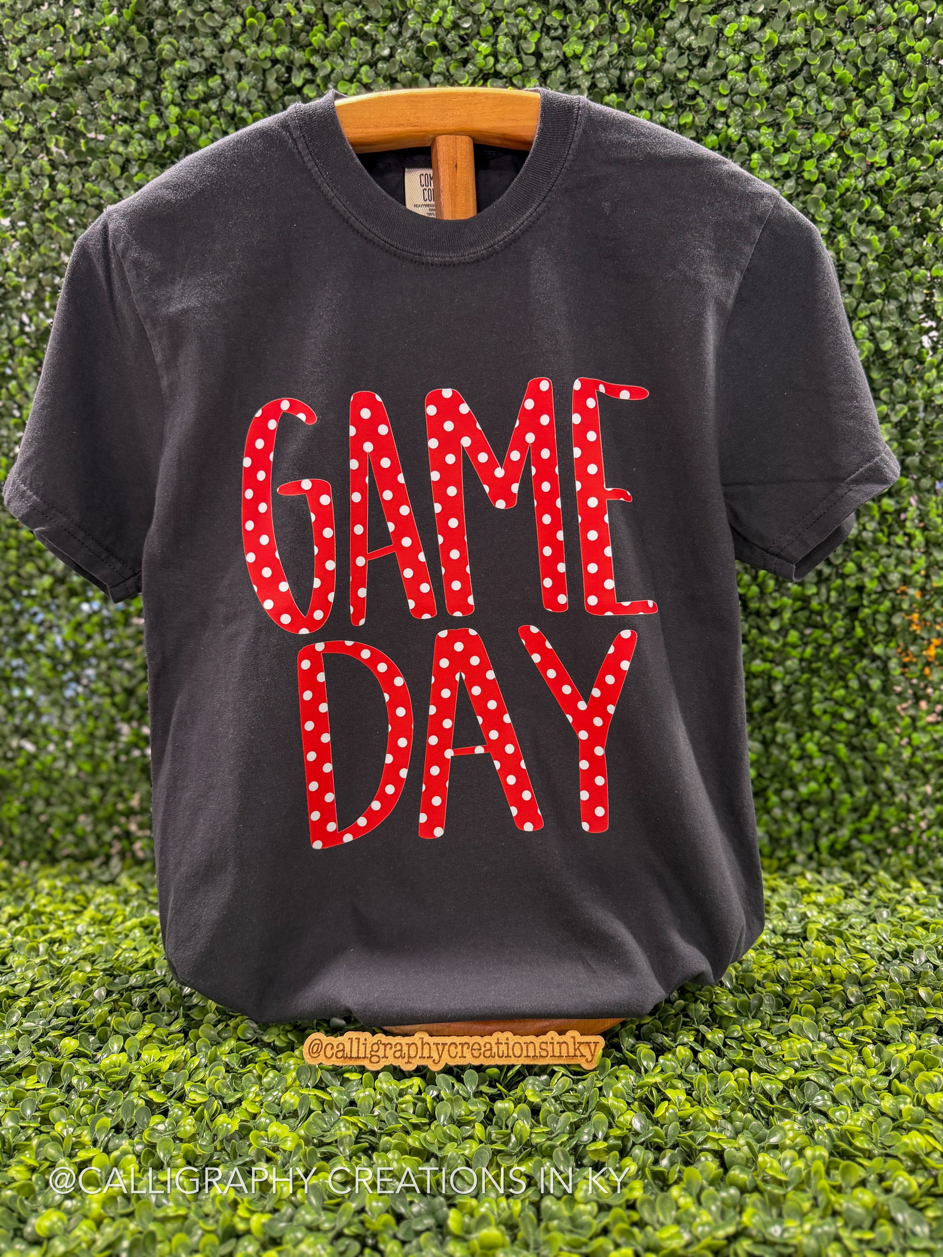 A charcoal gray t-shirt displayed on a wooden hanger against a green hedge background. The shirt features a graphic text design that reads 'GAME DAY' in red letters with white polka dots.
