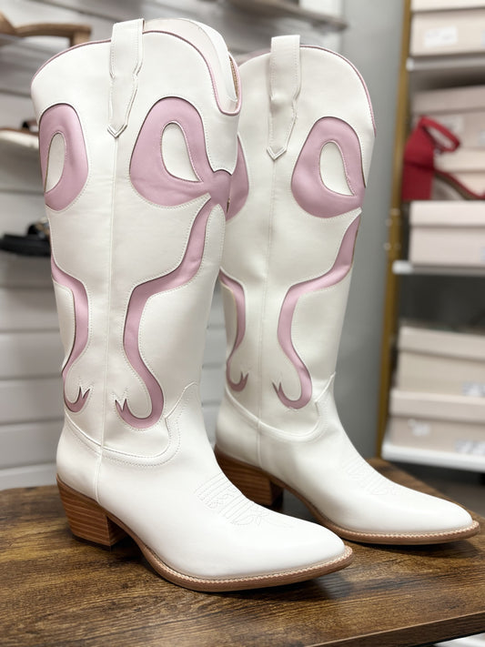 White - Pink Ruby Bow Boots