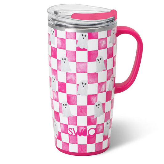 A pink and white checkered travel tumbler with ghost illustrations and a bright pink handle, shown on a clean white background.