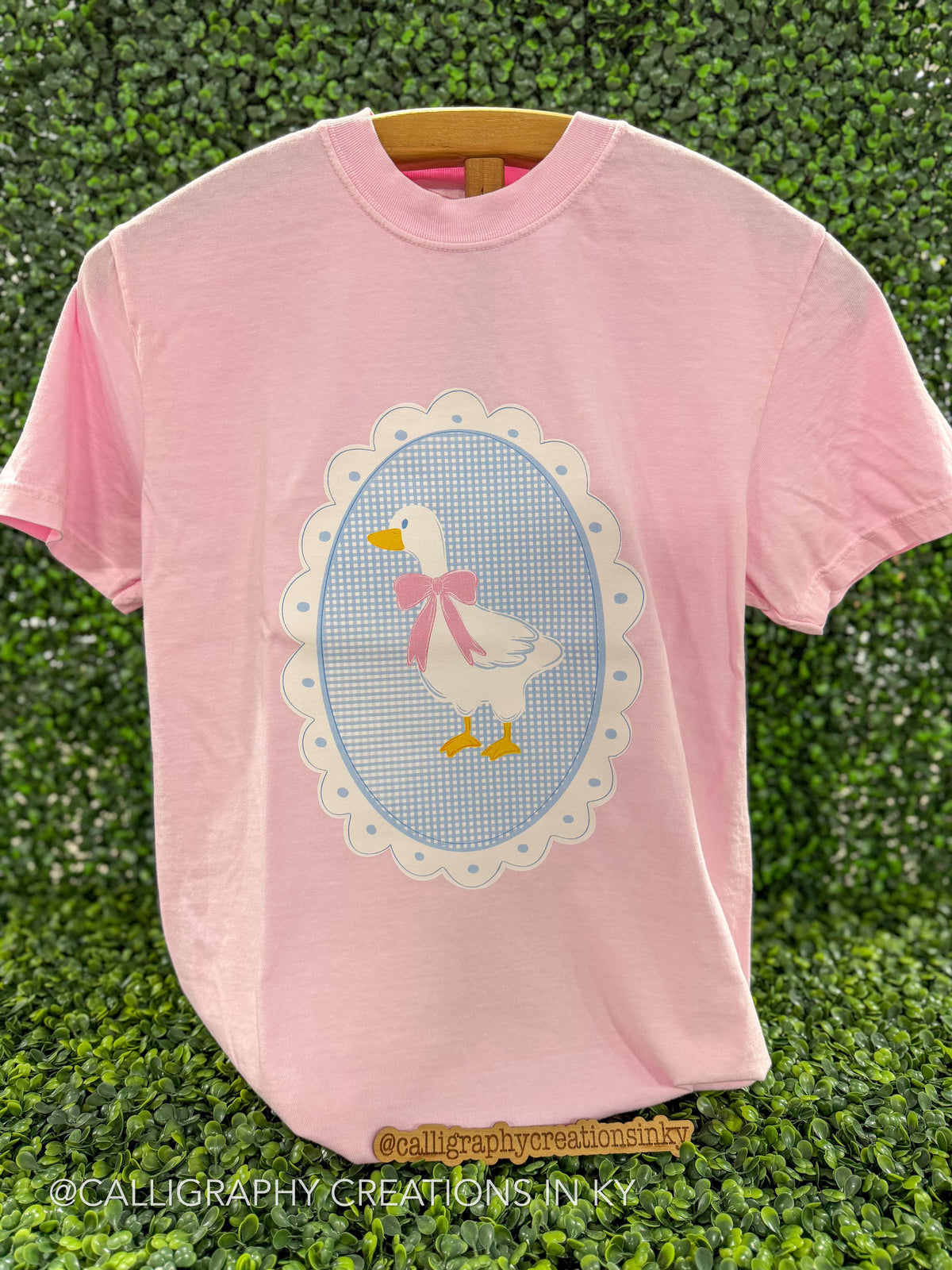 Pink shirt with goose on a plaid blue background on a wooden stand 
