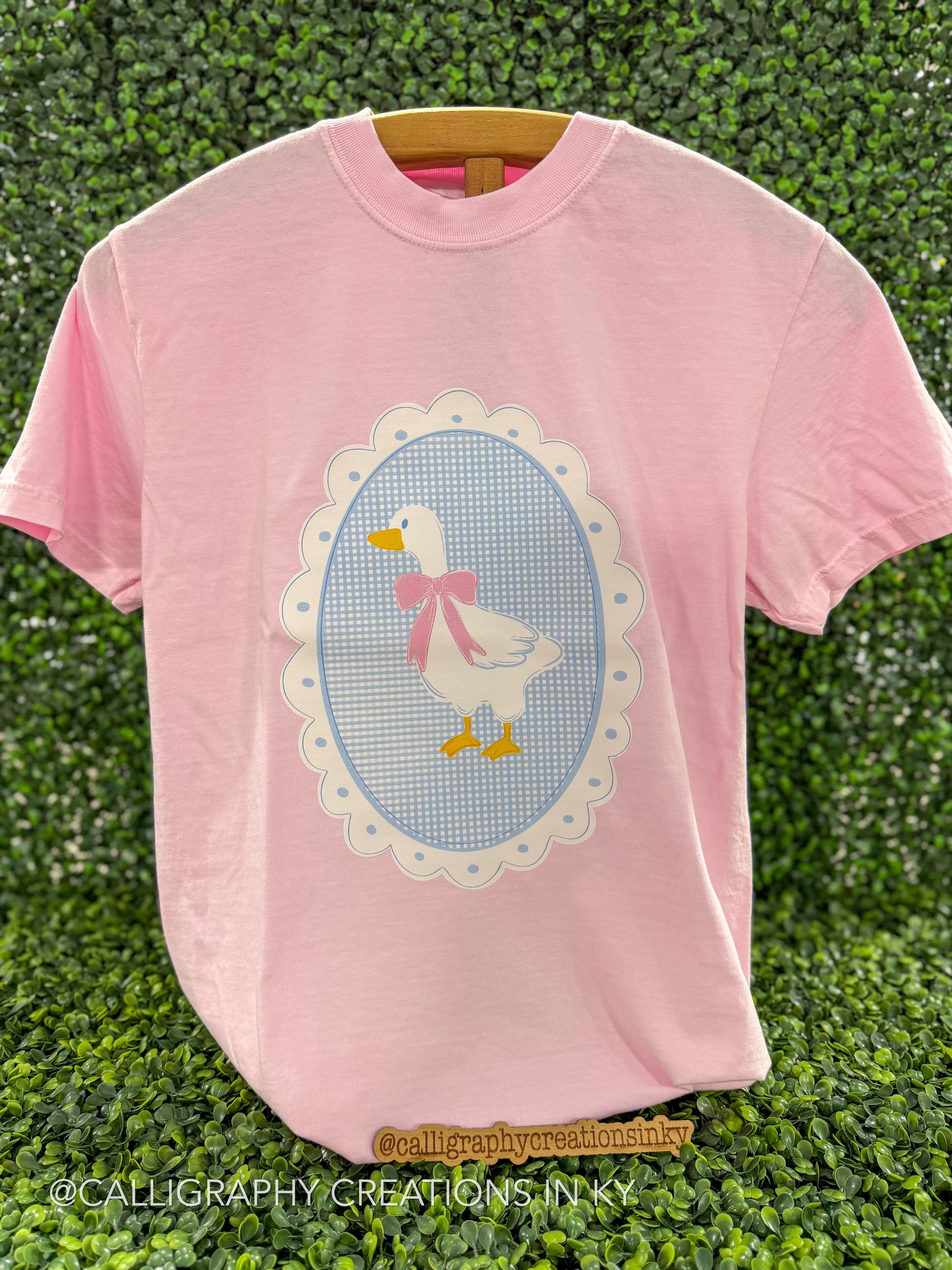 Pink shirt with goose on a plaid blue background on a wooden stand 