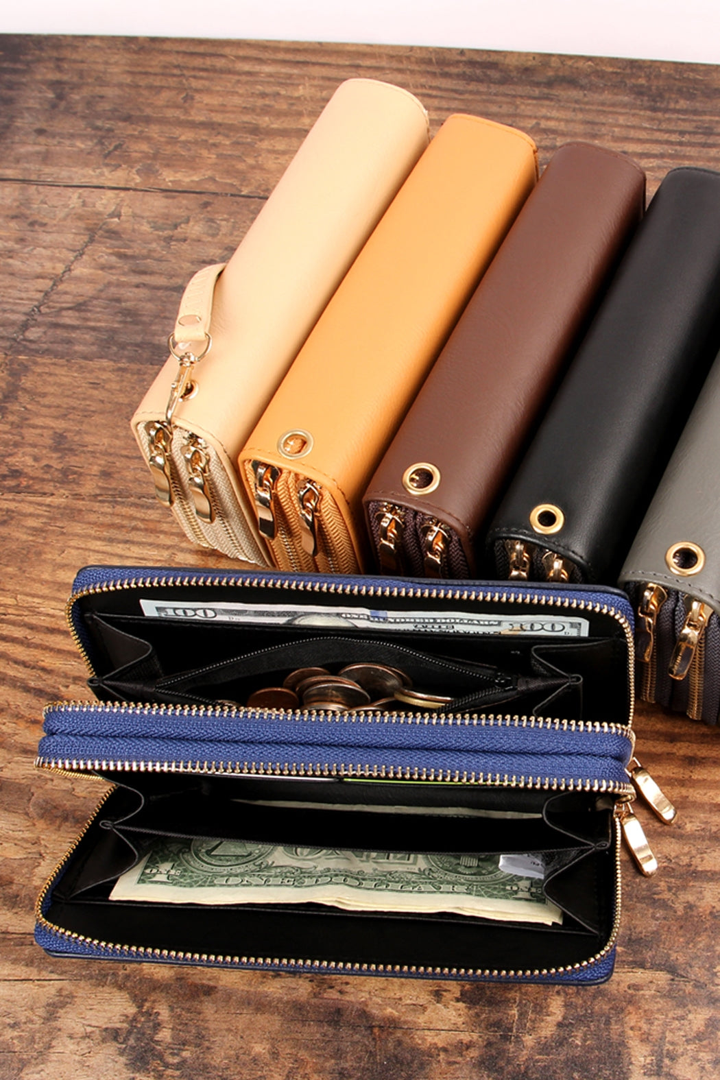 BB-Natural Double Zipper Wristlet Wallet