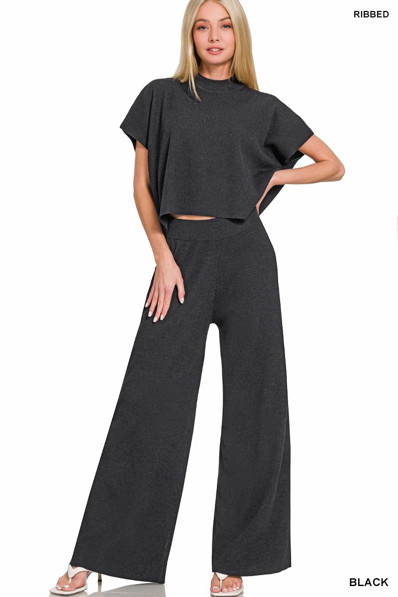 Zenana-VISCOSE SWEATER SHORT SLV TOP & PANTS 2PCS SET
