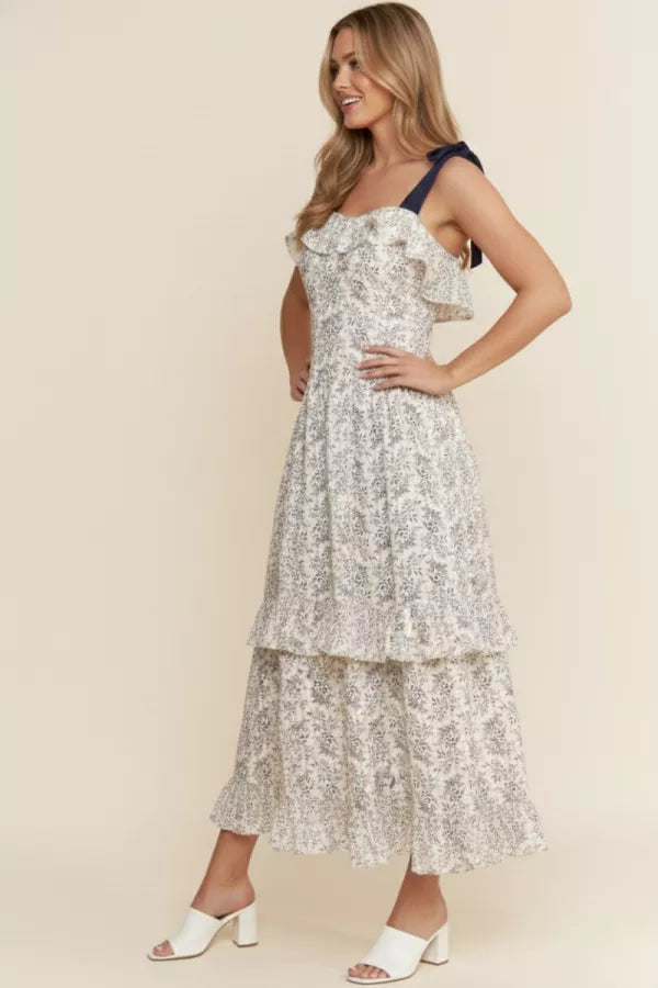 J.nna Ruffle Detailed Button Ribbon Strap Maxi Dress
