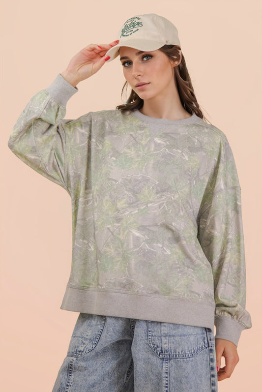 Very J-Oversized Round Neck Long Camo Knit Top