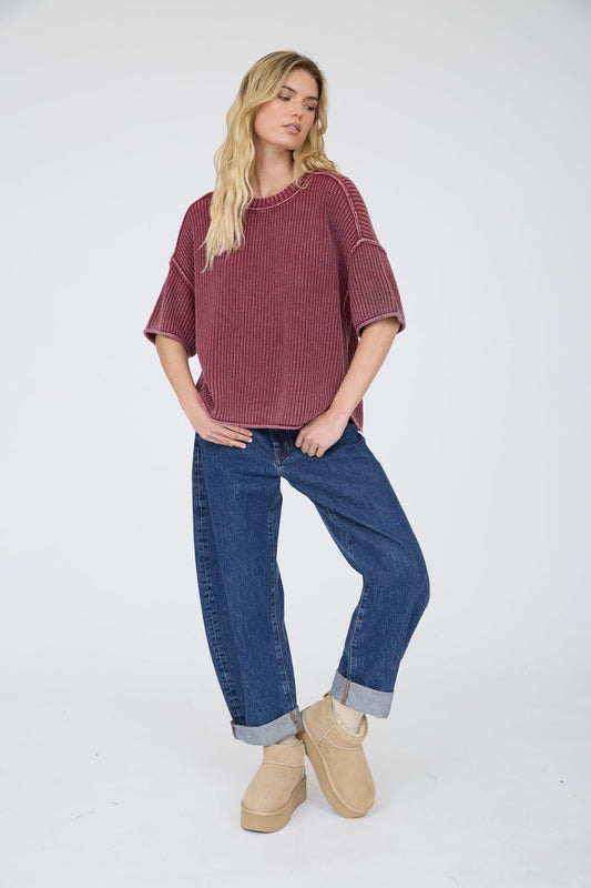 Blu Pepper-WASHED CREW NECK RAW EDGE SHORT SLEEVE SWEATER