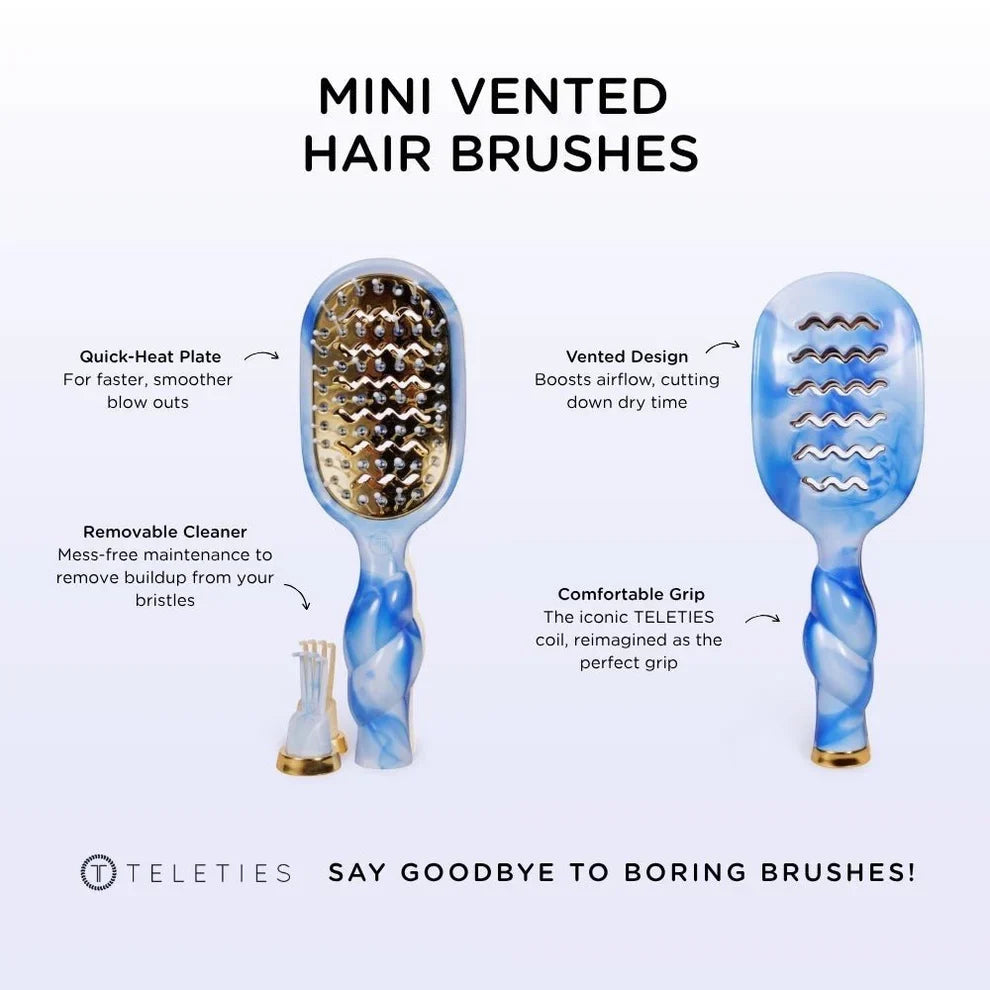 Mini vented hair brushes with features highlighted on a white background