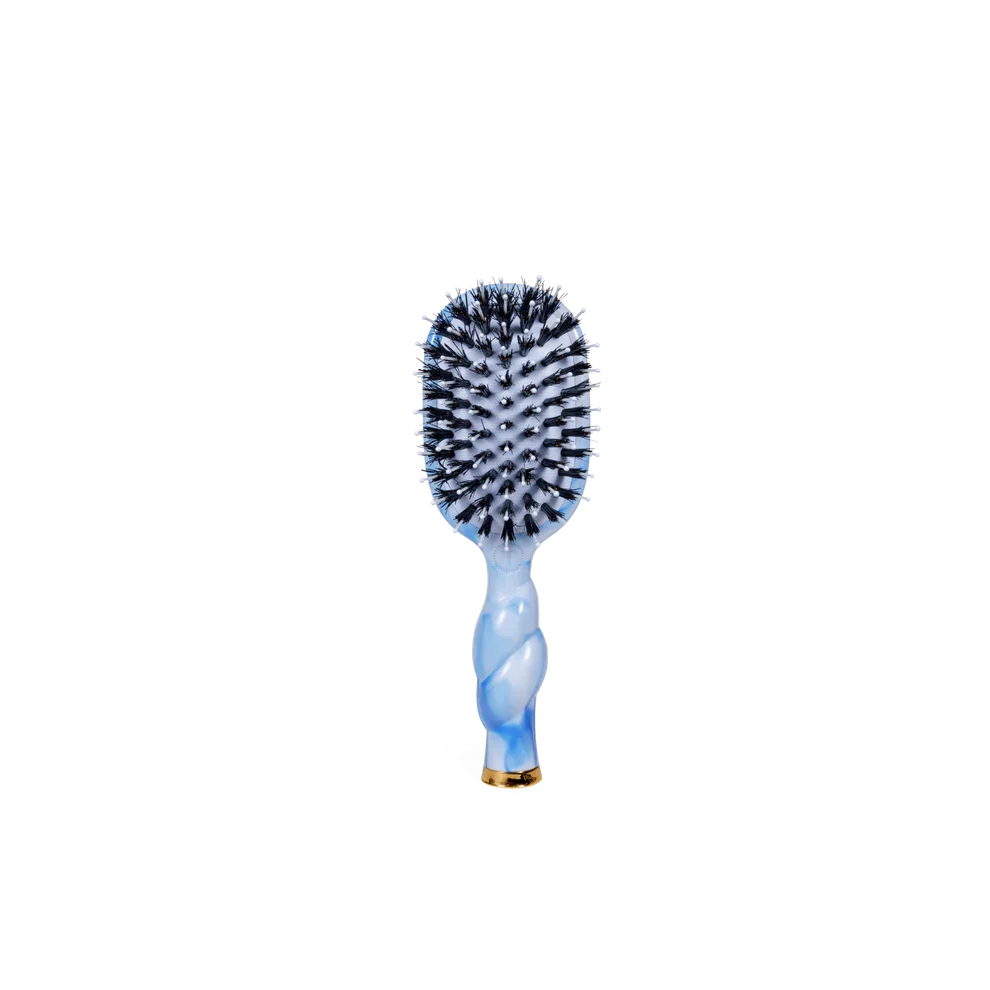 Blue and white hairbrush on a white background