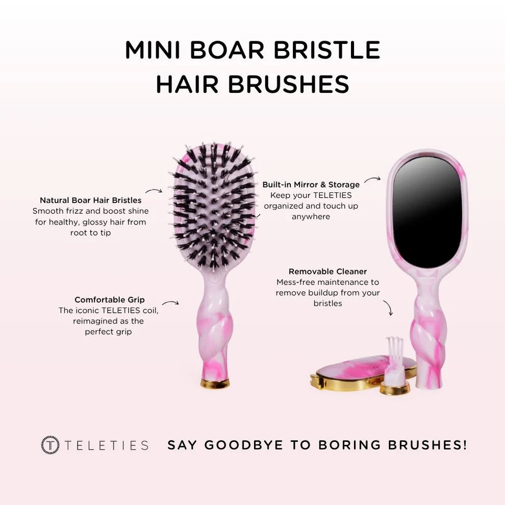 Teleties mini boar bristle hair brush with mirror and cleaning tool on a white background